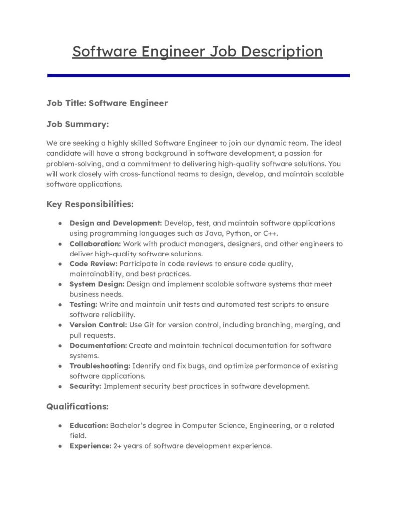 Software Engineer Job Description