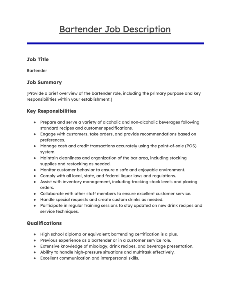 Bartender Job Description Template