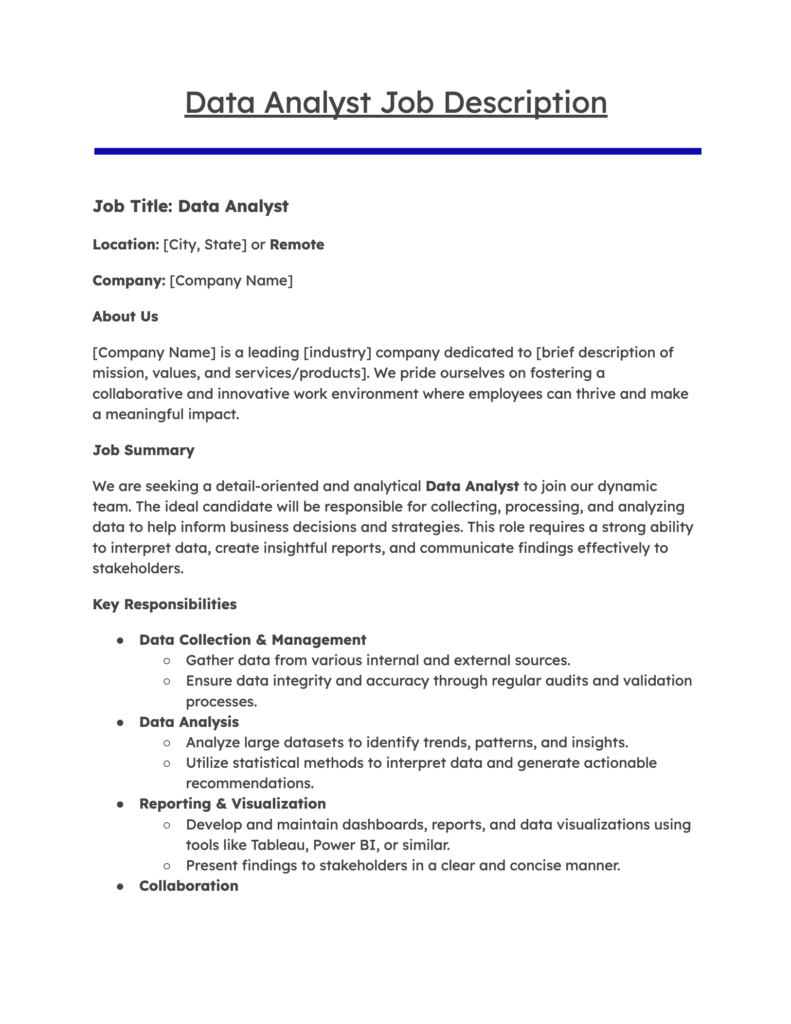 Data Analyst Job Description