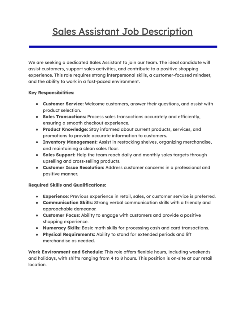 Sales Assistant Job Description