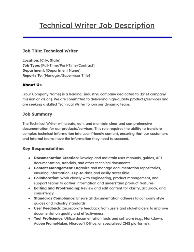 Technical Writer Job Description Example